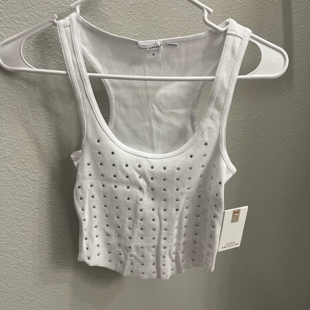 Good American White Crop Top with sequin dots